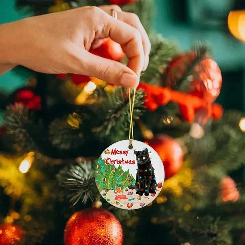 Cat Christmas Tree Ornament with Black Cat Design and Acrylic Disc Pendant