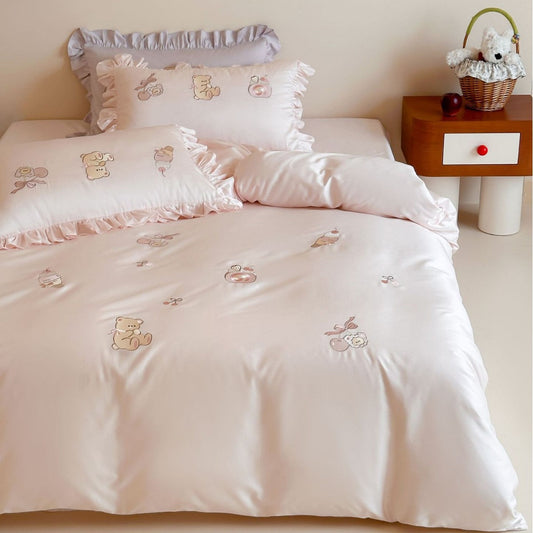 Children's Ruffled Bedding Set with Satin Finish and Bear & Dessert Embroidery