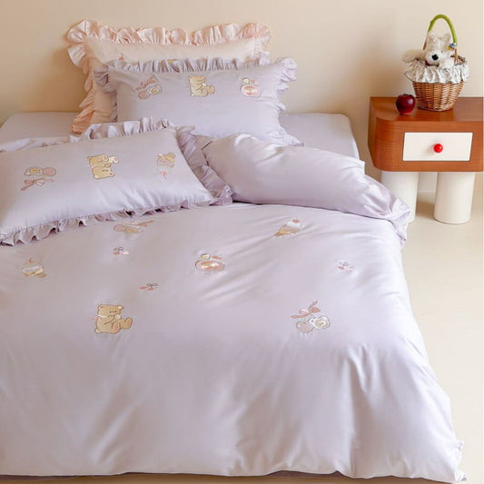 Children's Ruffled Bedding Set with Satin Finish and Bear & Dessert Embroidery
