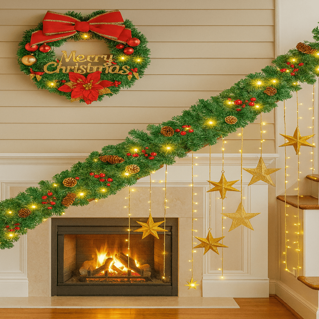 Christmas Garland with 50 LED Lights and Timer – Illuminated Christmas Decoration