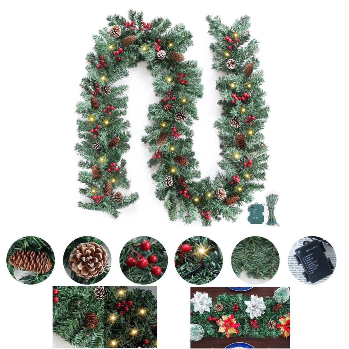 Christmas Garland with 50 LED Lights and Timer – Illuminated Christmas Decoration