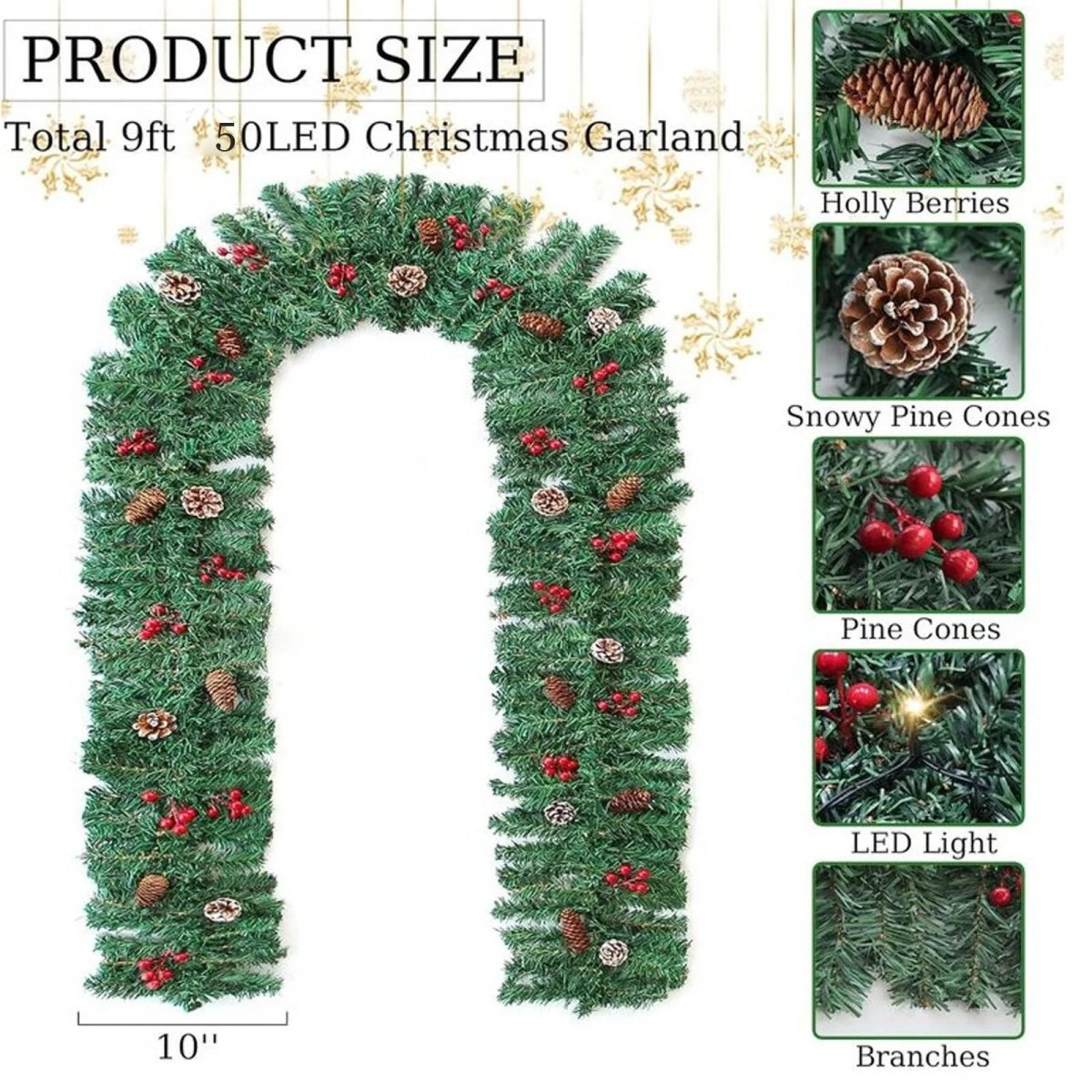 Christmas Garland with 50 LED Lights and Timer – Illuminated Christmas Decoration