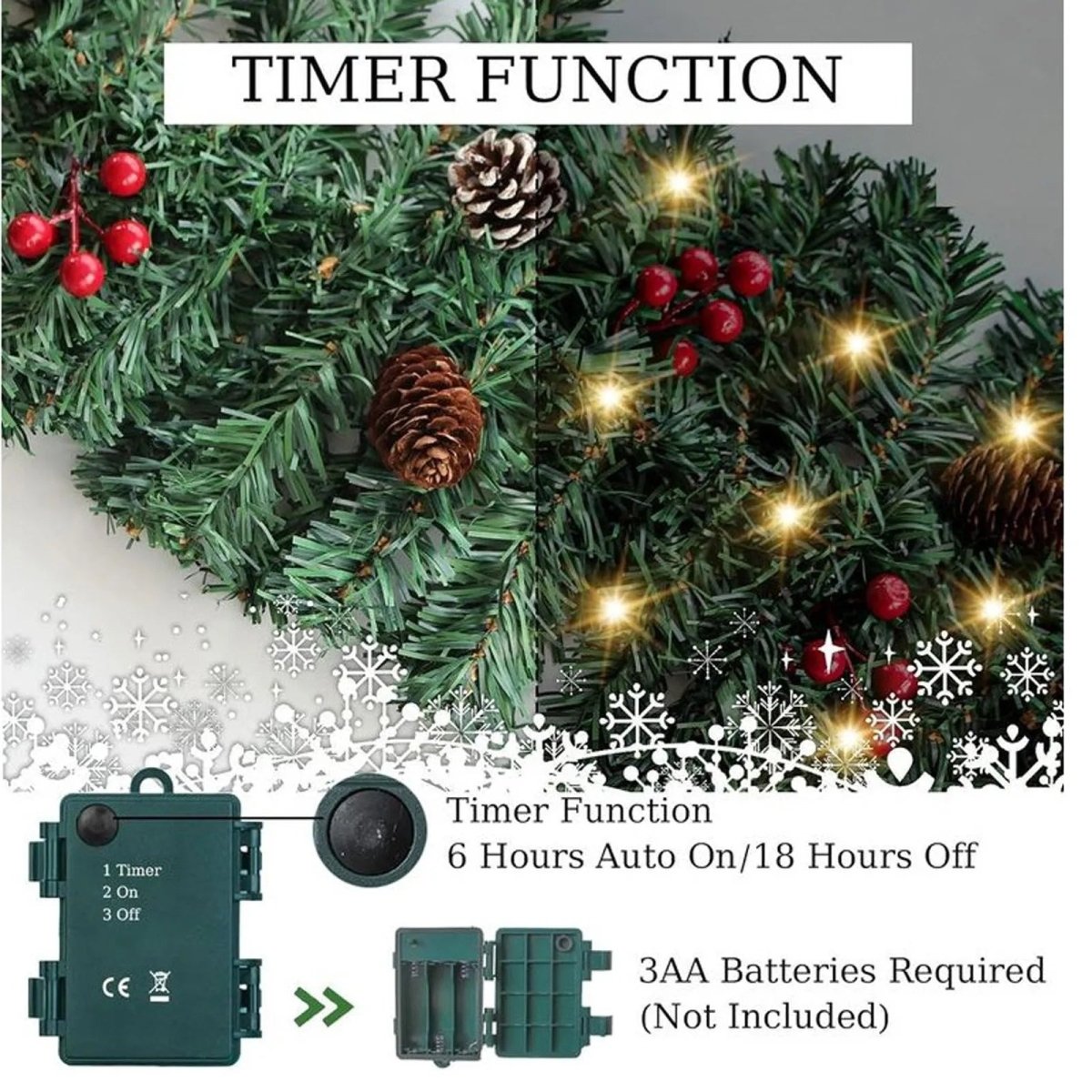 Christmas Garland with 50 LED Lights and Timer – Illuminated Christmas Decoration