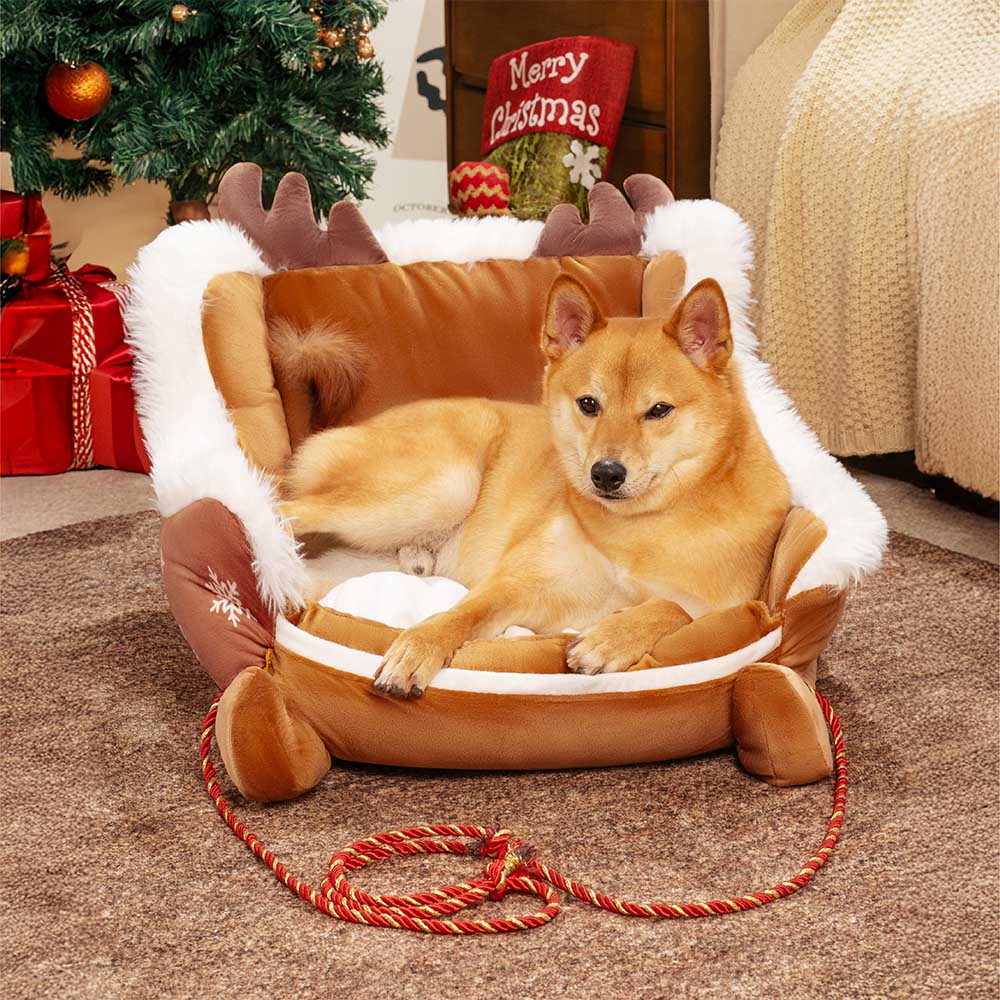 Christmas Sleigh Dog Bed with Plush Crystal Velvet and Non-Slip Bottom