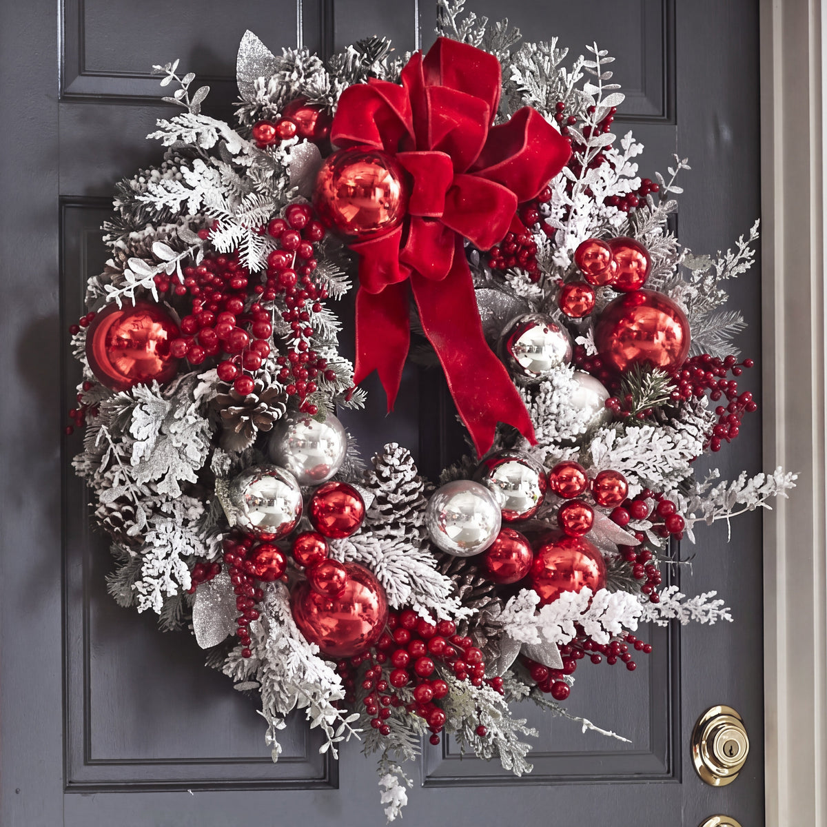 Christmas Wreath with Baubles - Snowy Door Decoration with Red Bow
