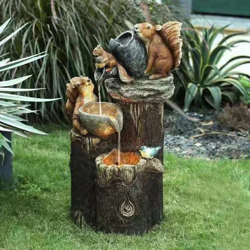 Dayhills | Lunaverde Solar Deco Fountain Duck & Squirrel | Garden Figure with LED Light | Weatherproof Resin | For Terrace & Balcony
