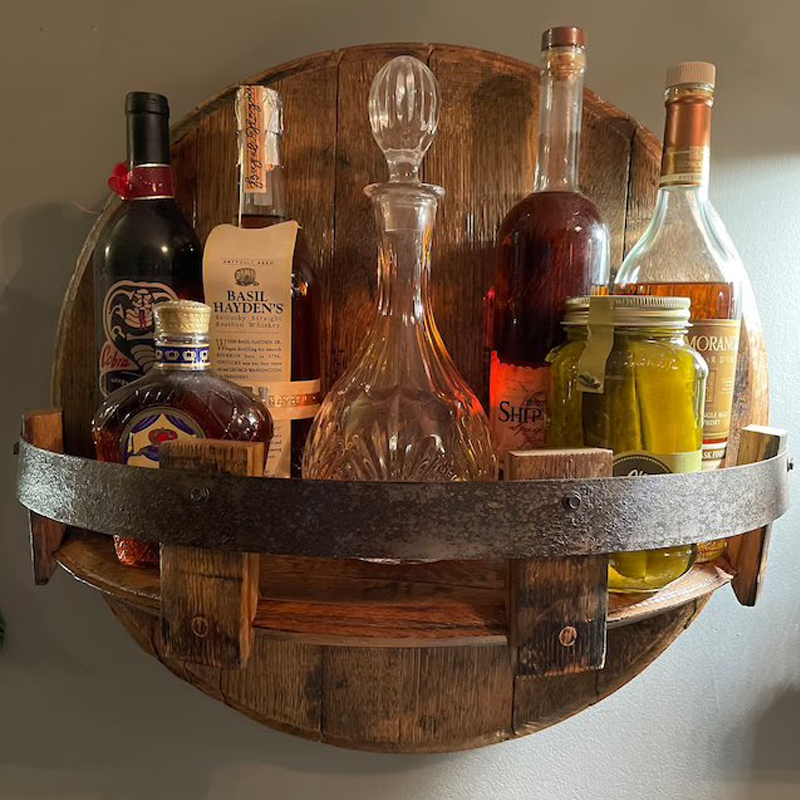 Dayhills | Whiskey Barrel Wall Shelf | Rustic Solid Wood Design | Round