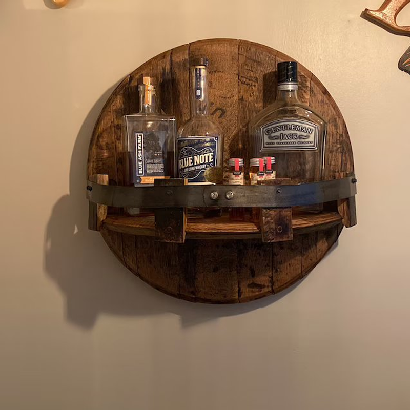 Dayhills | Whiskey Barrel Wall Shelf | Rustic Solid Wood Design | Round