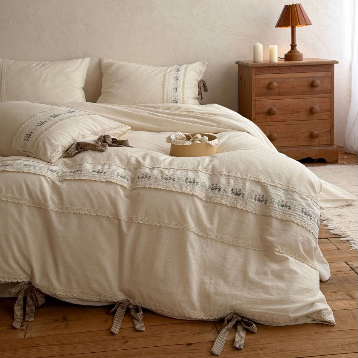 Cotton Bedding Set with Floral Embroidery and Lace Trim