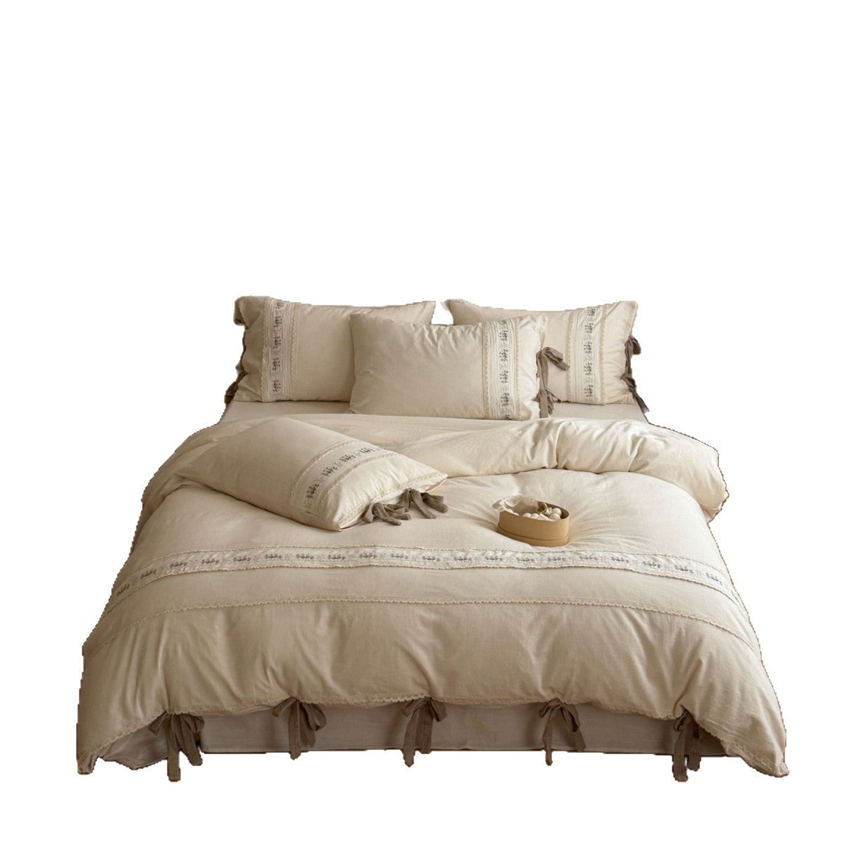 Cotton Bedding Set with Floral Embroidery and Lace Trim
