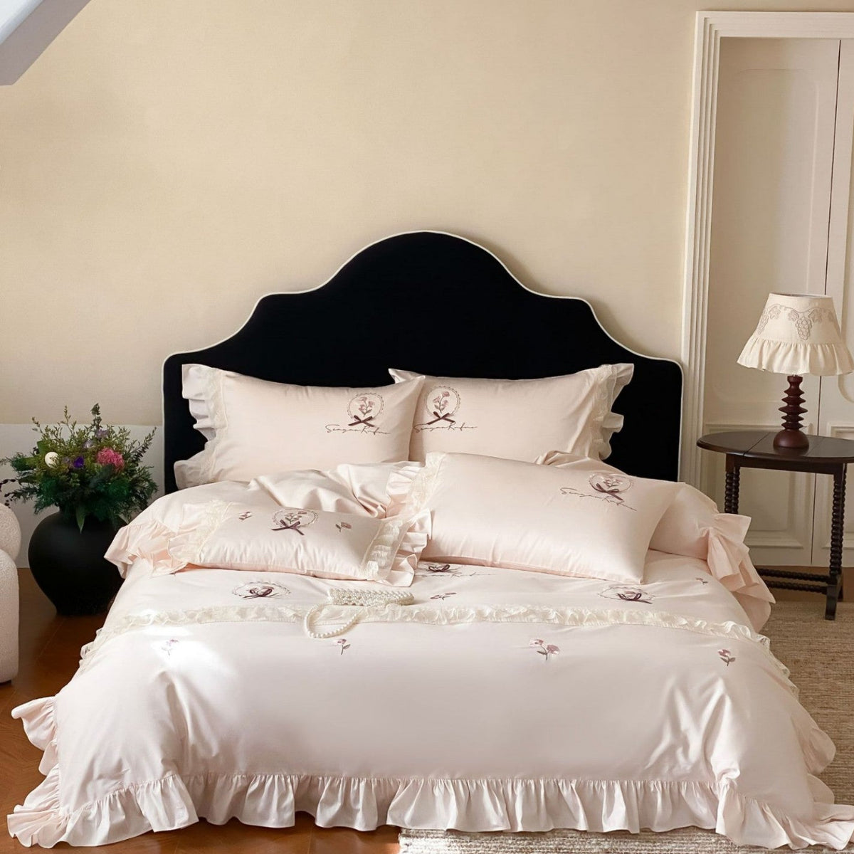 Cotton Sateen Bedding Set with Frill Ruffle, Delicate Floral Embroidery and Pillowcases