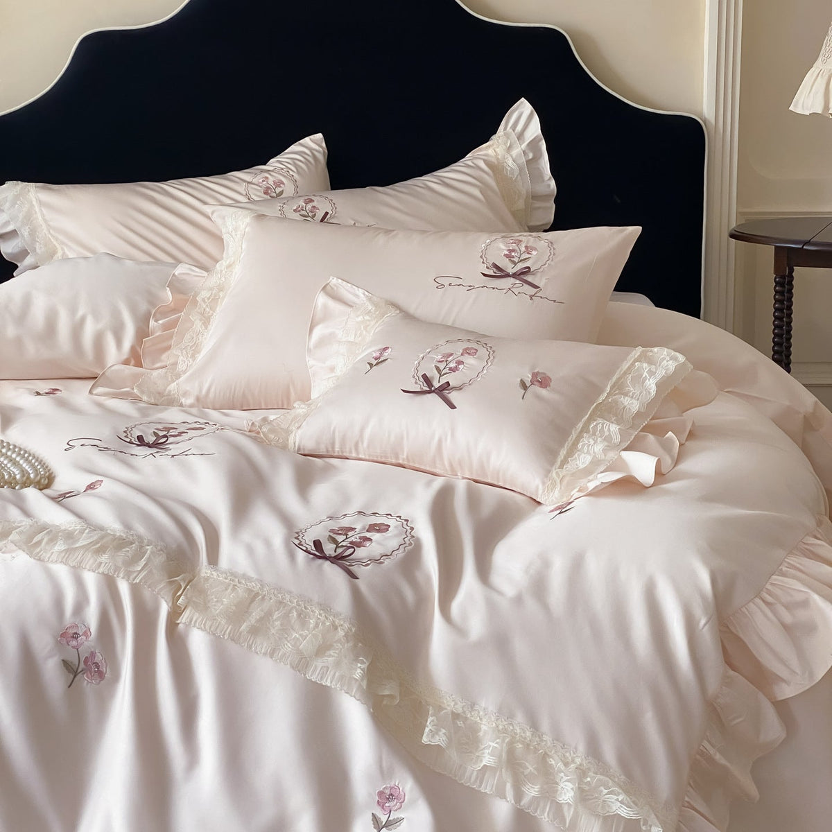 Cotton Sateen Bedding Set with Frill Ruffle, Delicate Floral Embroidery and Pillowcases