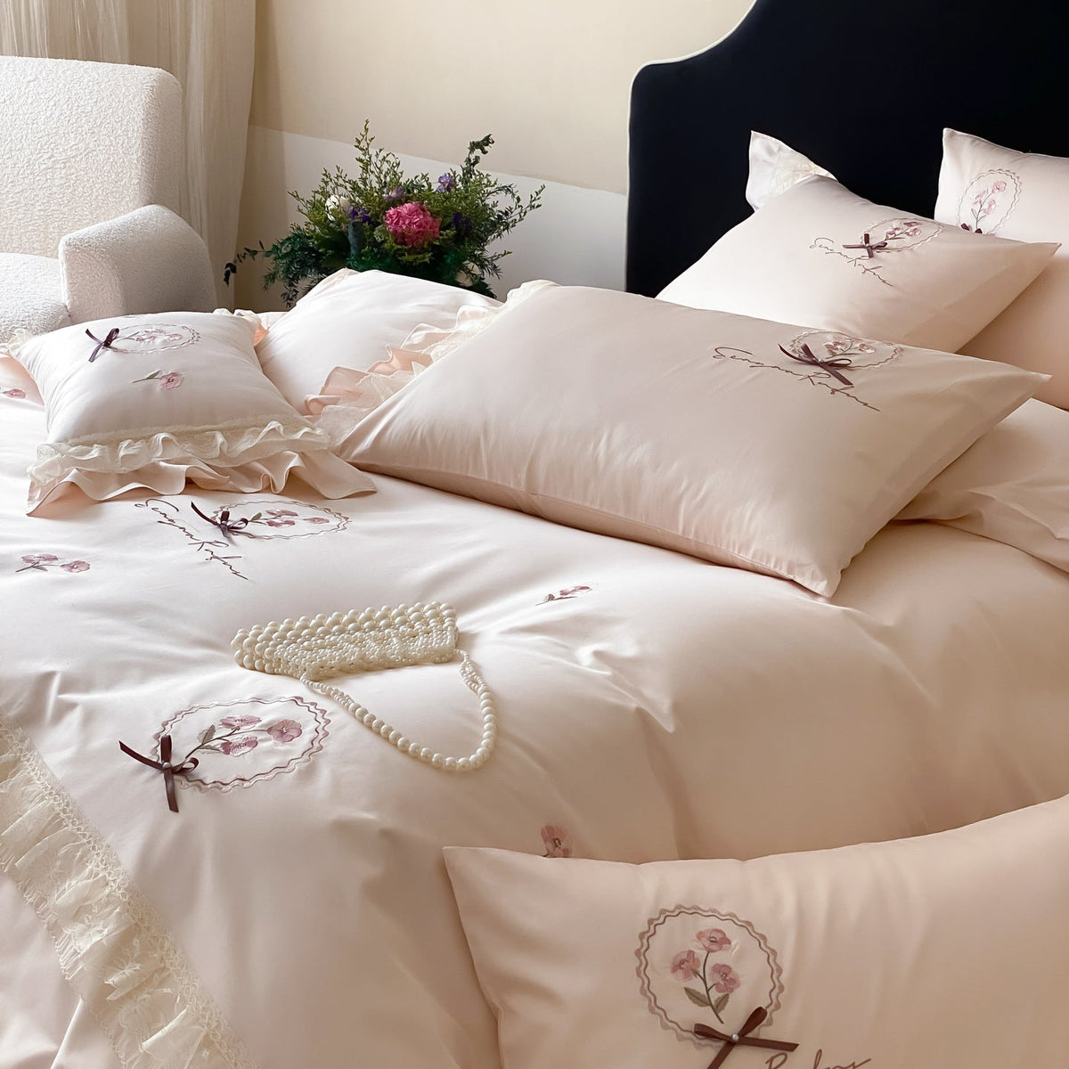 Cotton Sateen Bedding Set with Frill Ruffle, Delicate Floral Embroidery and Pillowcases