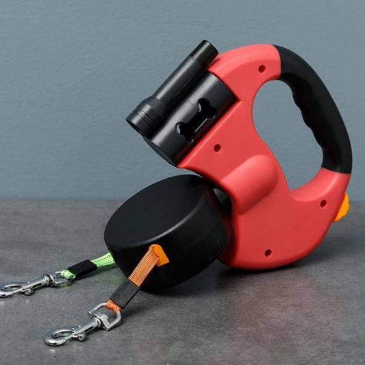 Double Dog Leash with Flashlight and Waste Bag Holder