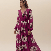 Elegant Floral Long Sleeve Wrap Maxi Dress