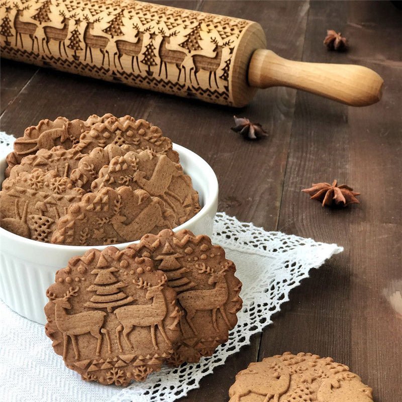 Embossed Wooden Rolling Pin for Christmas Cookies and Pastries