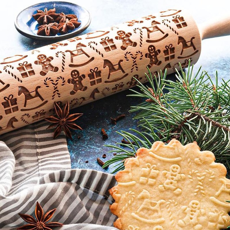 Embossed Wooden Rolling Pin for Christmas Cookies and Pastries