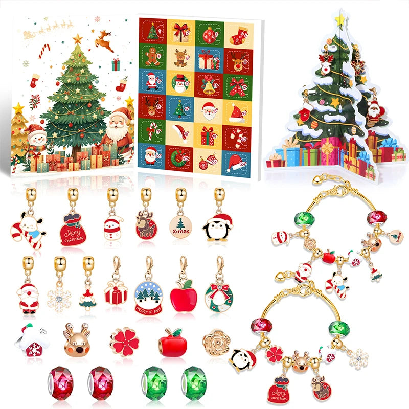 Kids' Christmas Countdown Bracelet 24-Day Advent Calendar with Colorful Crystals in a Gift Box