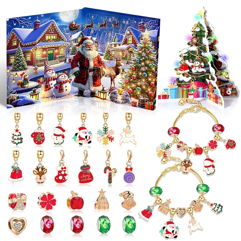 Kids' Christmas Countdown Bracelet 24-Day Advent Calendar with Colorful Crystals in a Gift Box