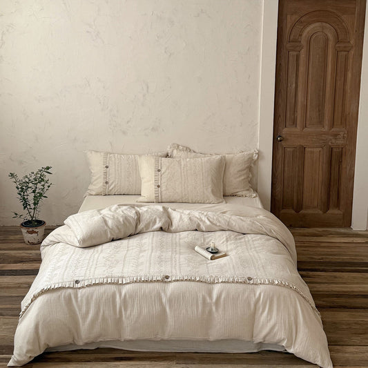 Linen-Look Bedding Set with Ruffles and Button Closure