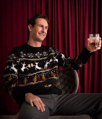 Men's Christmas Sweater with Deer, Beer Mugs, Trees and Snowflakes in Fluffy Knit
