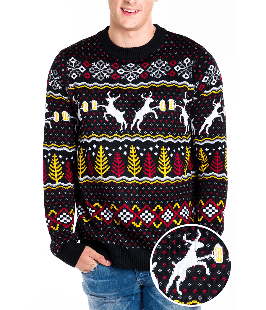 Men's Christmas Sweater with Deer, Beer Mugs, Trees and Snowflakes in Fluffy Knit