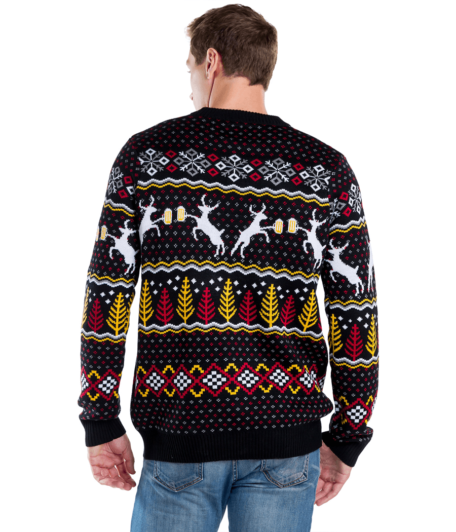 Men's Christmas Sweater with Deer, Beer Mugs, Trees and Snowflakes in Fluffy Knit