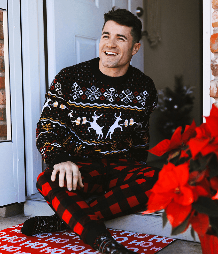 Men's Christmas Sweater with Deer, Beer Mugs, Trees and Snowflakes in Fluffy Knit
