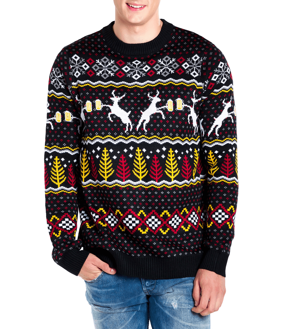 Men's Christmas Sweater with Deer, Beer Mugs, Trees and Snowflakes in Fluffy Knit
