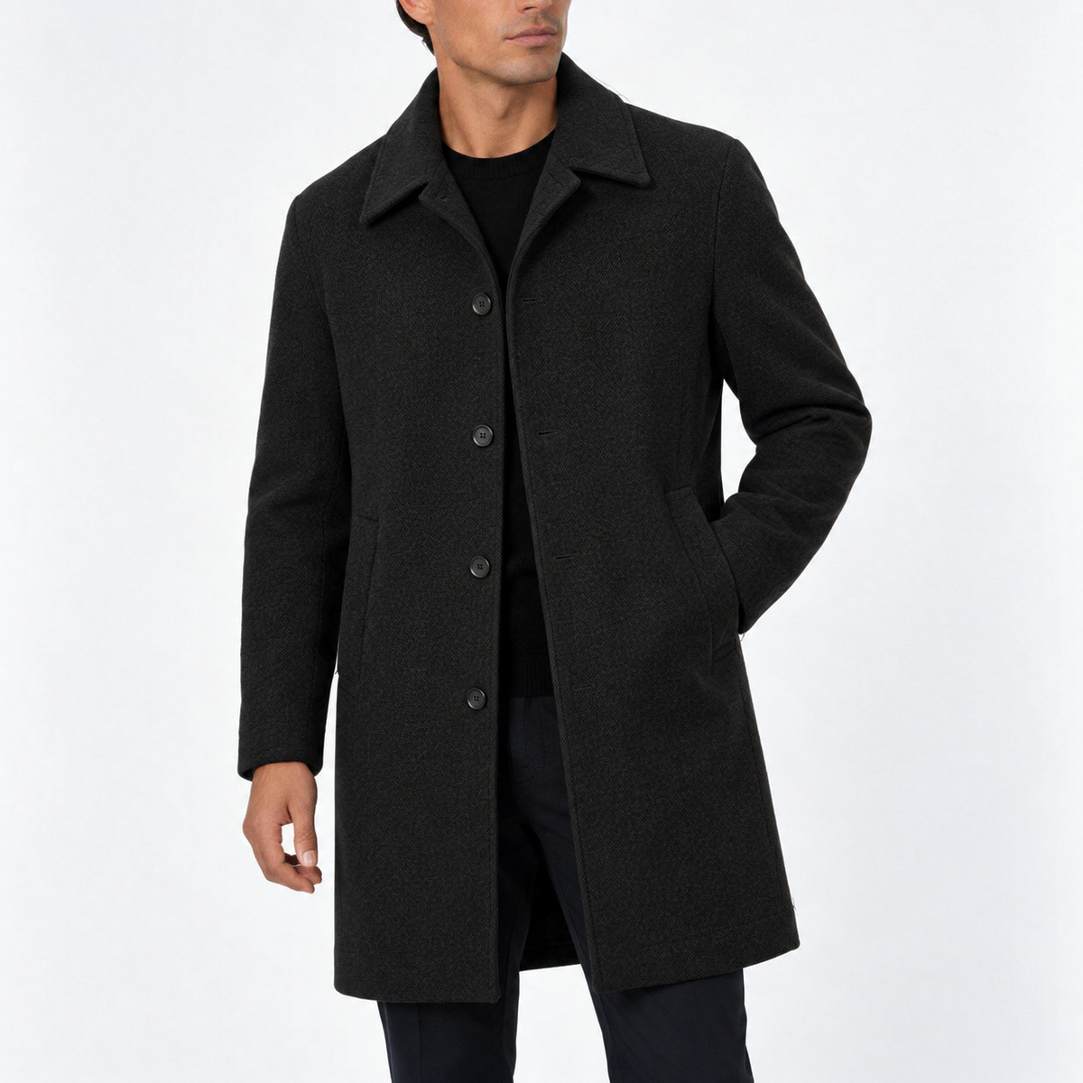 Men's Classic Single-Breasted Formal Overcoat with Button Closure and Side Pockets