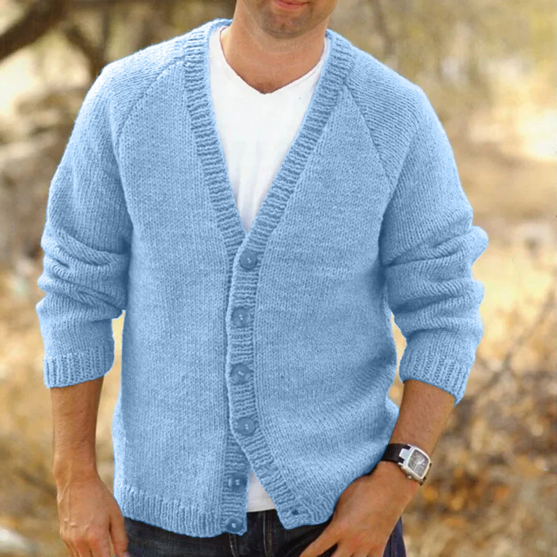 Men's Knit Cardigan with Deep V-Neck and Button Details
