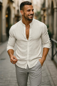 Men's Linen Band Collar Long Sleeve Casual Shirt