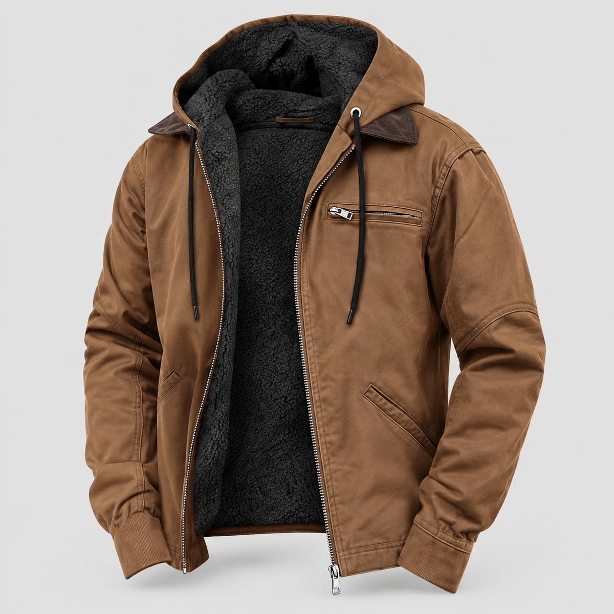 Men's Long Hooded PU Jacket with Cotton Lining for Winter and Everyday Wear
