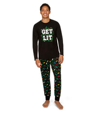 Men's Long-Sleeve Holiday Pajama Set with Get Lit Text Graphic