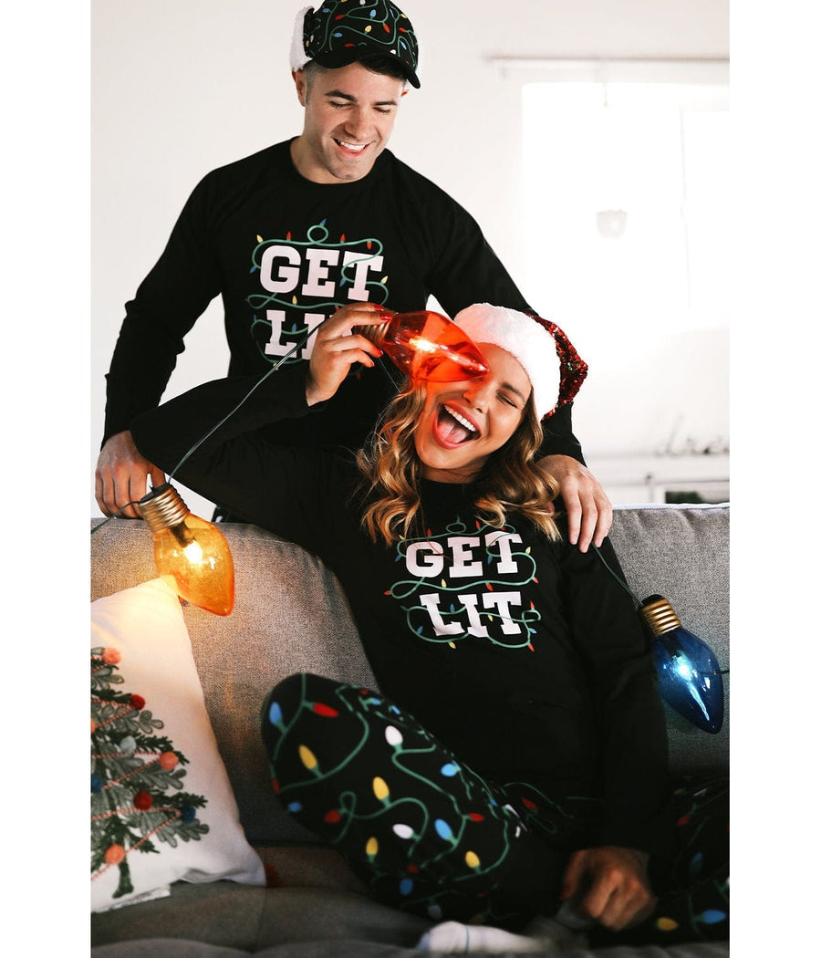 Men's Long-Sleeve Holiday Pajama Set with Get Lit Text Graphic