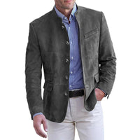 Men's Suede Leather Blazer with Stand Collar and Flap Pockets