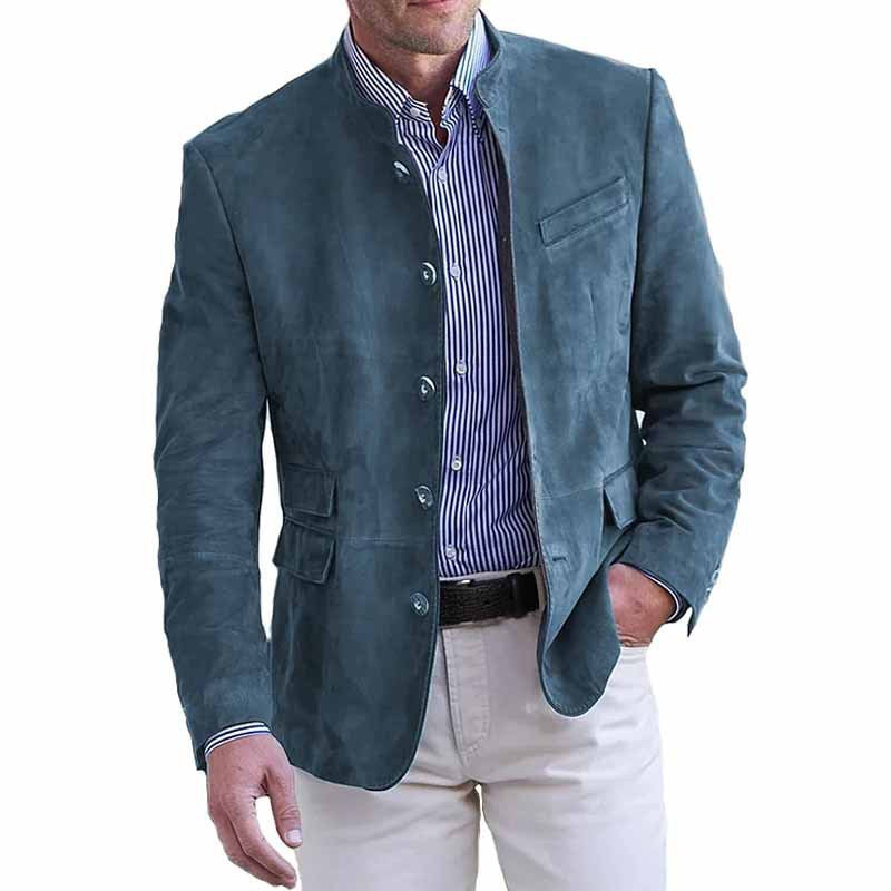 Men's Suede Leather Blazer with Stand Collar and Flap Pockets