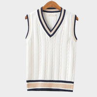 Men's V-Neck Cable-Knit Striped-Trim Sleeveless Sweater Vest