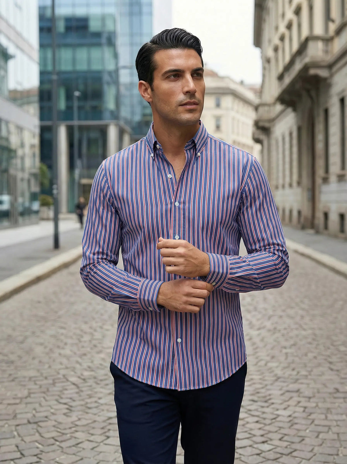 Image of Men's Button-Down Striped Long Sleeve Polo Shirt