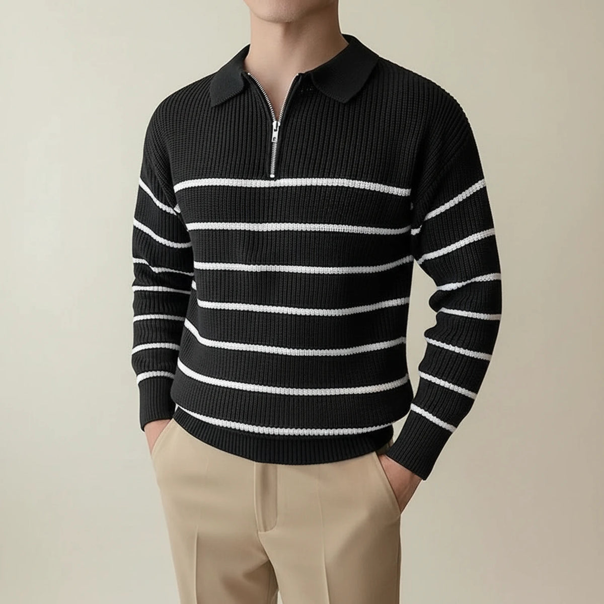 Men's Striped Quarter-Zip Polo Sweater