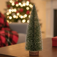 Miniature Frosted Bottle Brush Christmas Trees with Wooden Base for Tabletop Decor