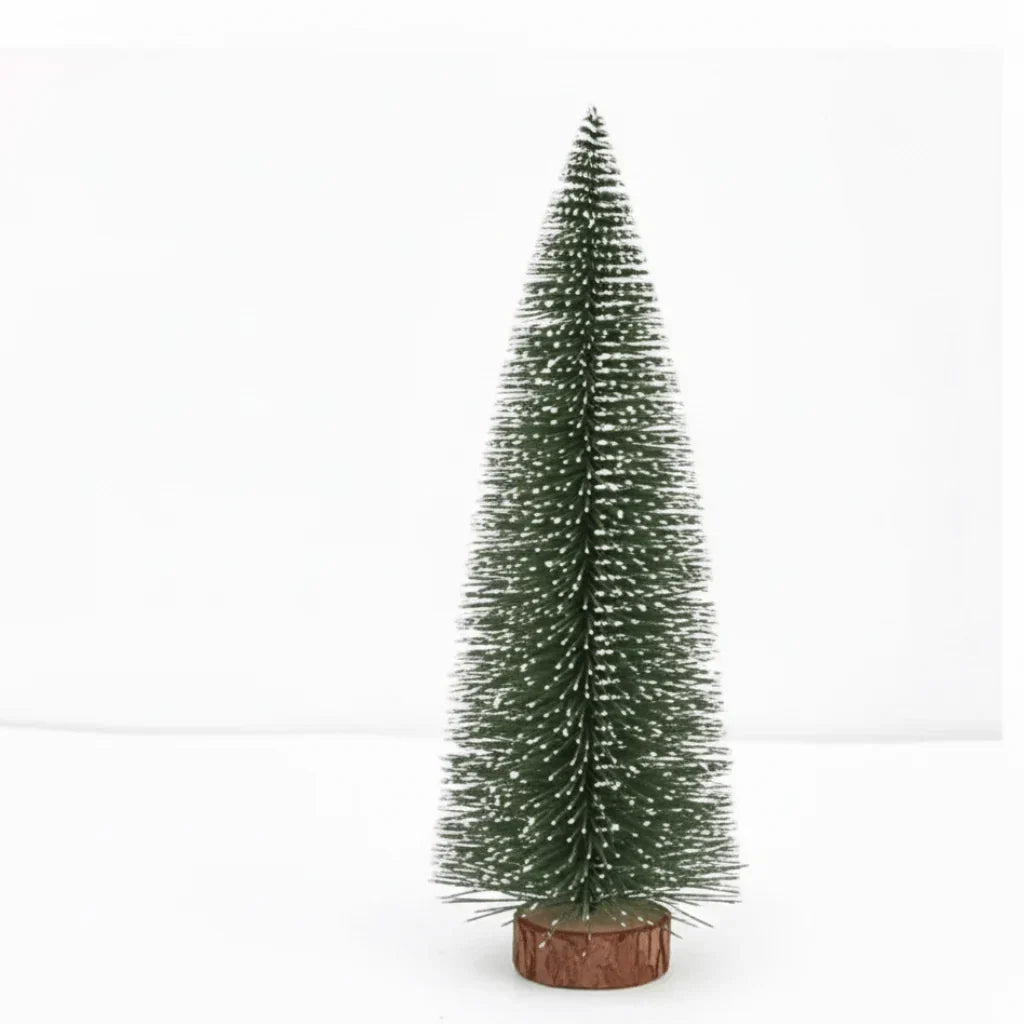 Miniature Frosted Bottle Brush Christmas Trees with Wooden Base for Tabletop Decor