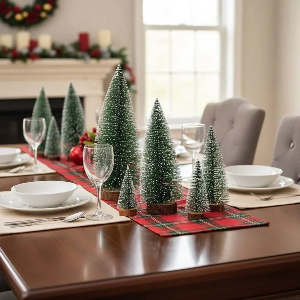 Miniature Frosted Bottle Brush Christmas Trees with Wooden Base for Tabletop Decor