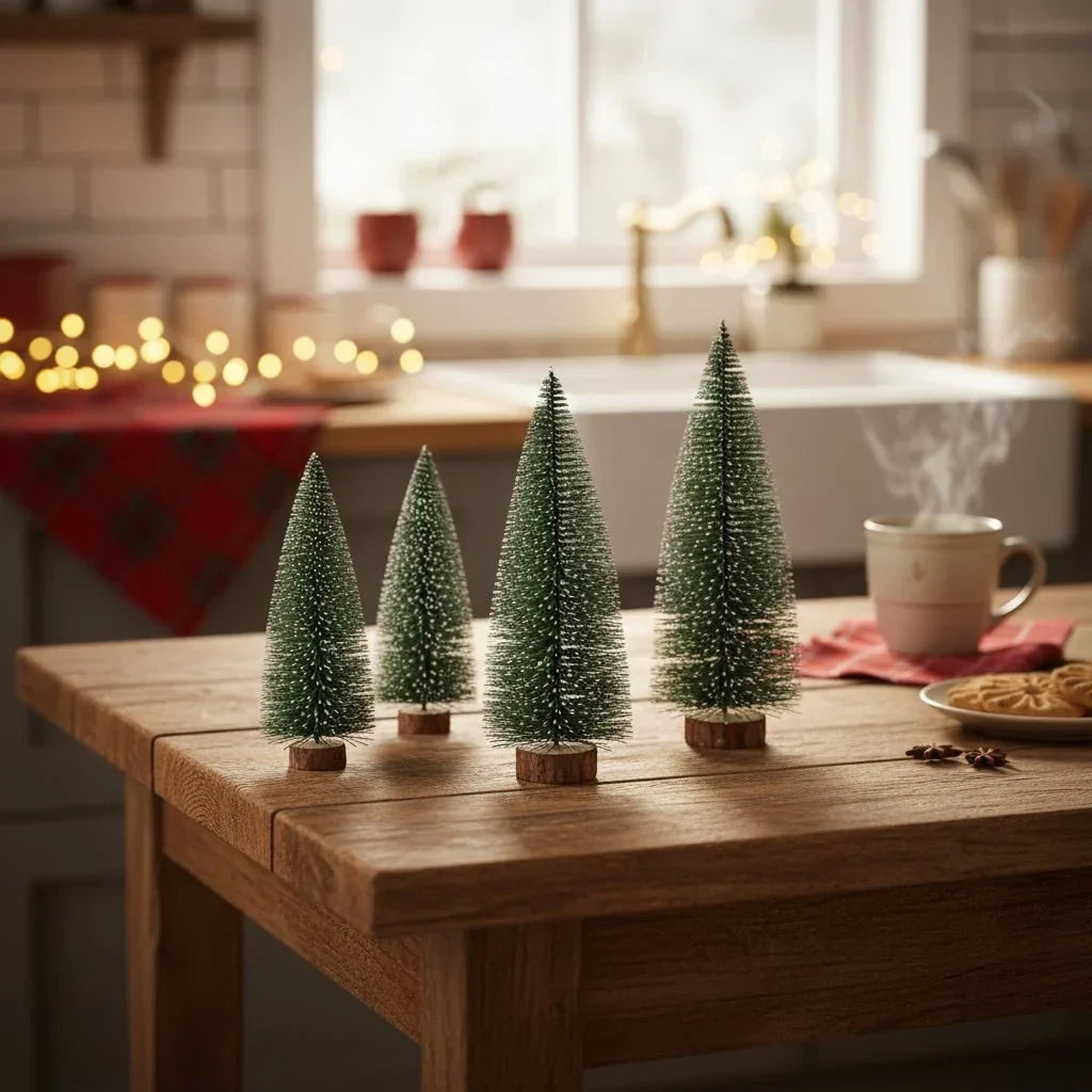 Miniature Frosted Bottle Brush Christmas Trees with Wooden Base for Tabletop Decor