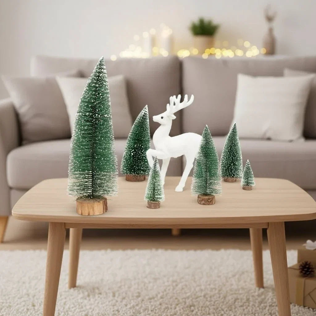 Miniature Frosted Bottle Brush Christmas Trees with Wooden Base for Tabletop Decor