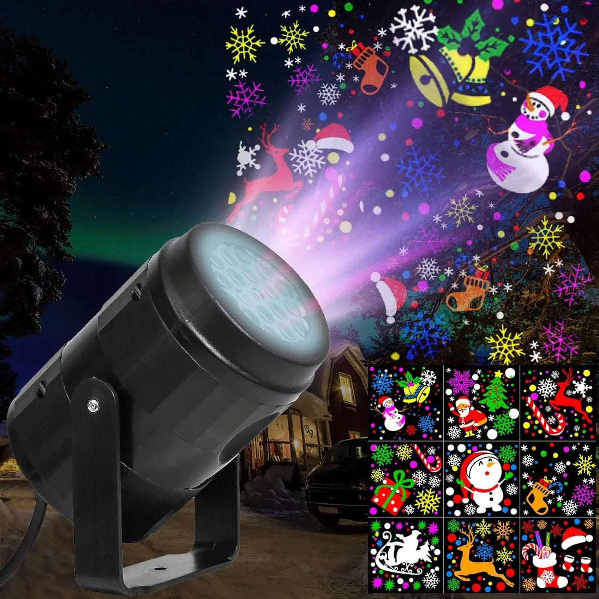 Outdoor Christmas Projector Light with Rotating LED Patterns and Adjustable Mount