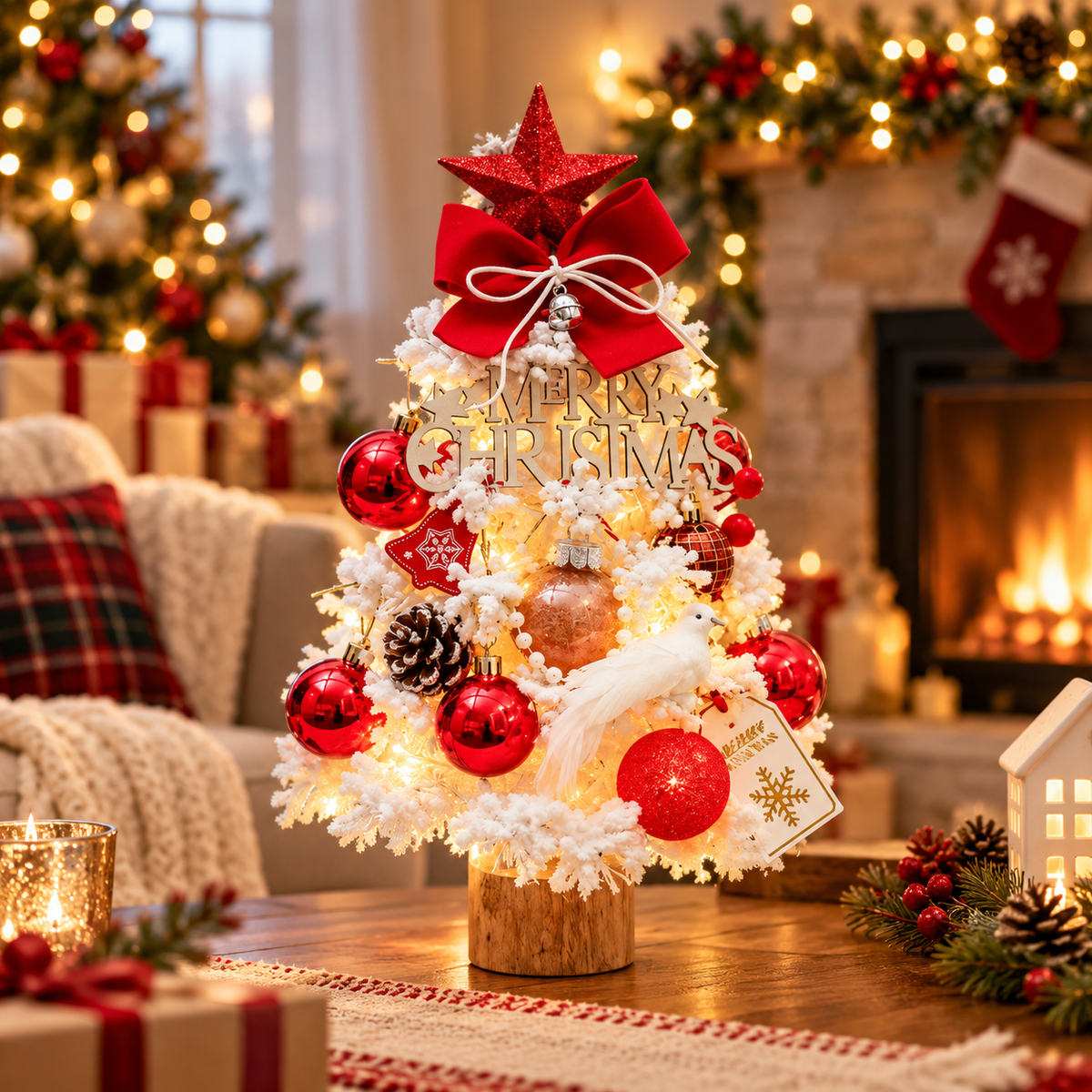 Pre-Decorated Snow-Flocked Tabletop Christmas Tree
