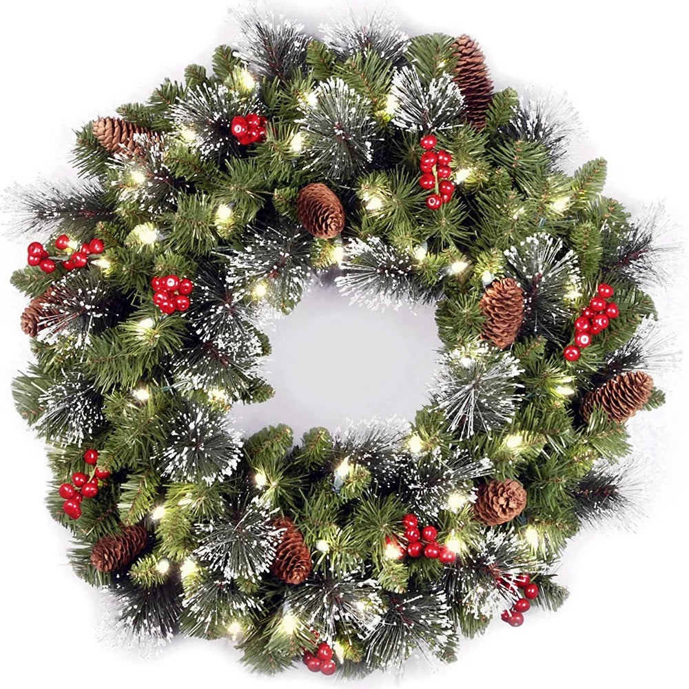 Pre-Lit Christmas Wreath with Pine Foliage, Red Berries, and Cones