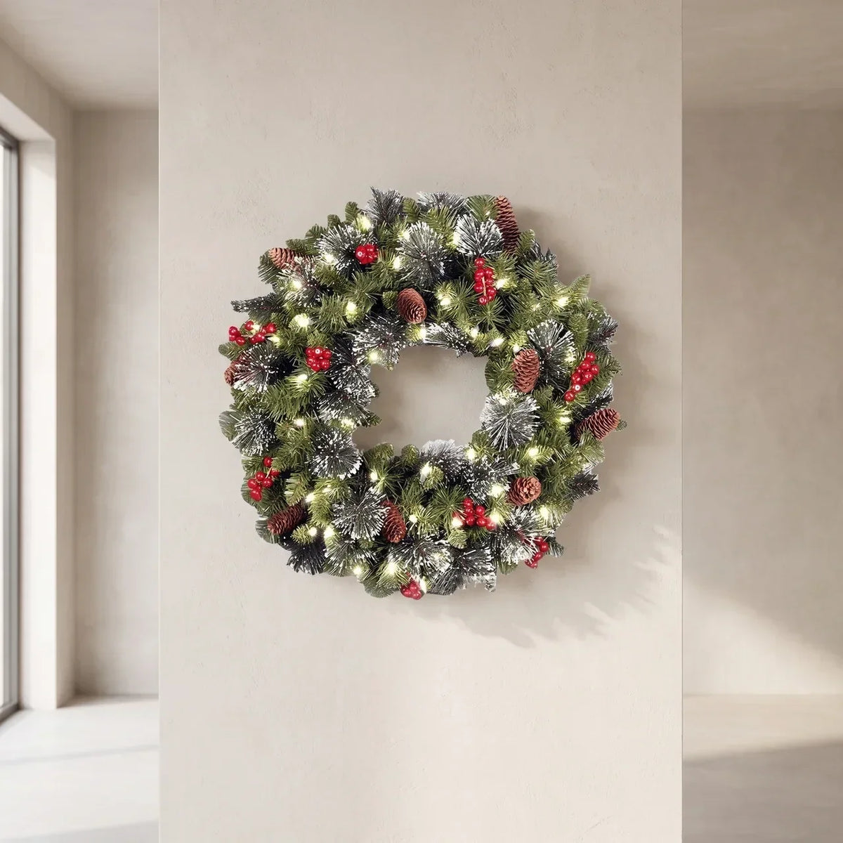 Pre-Lit Christmas Wreath with Pine Foliage, Red Berries, and Cones