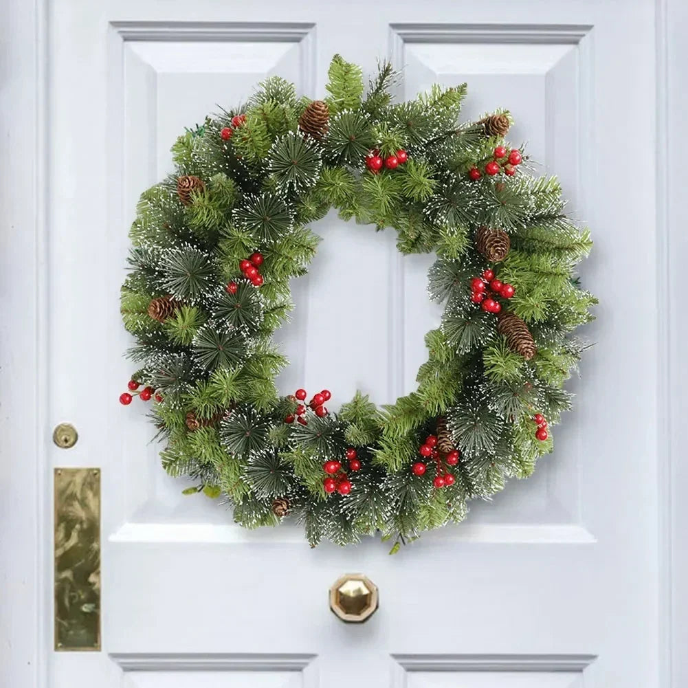 Pre-Lit Christmas Wreath with Pine Foliage, Red Berries, and Cones